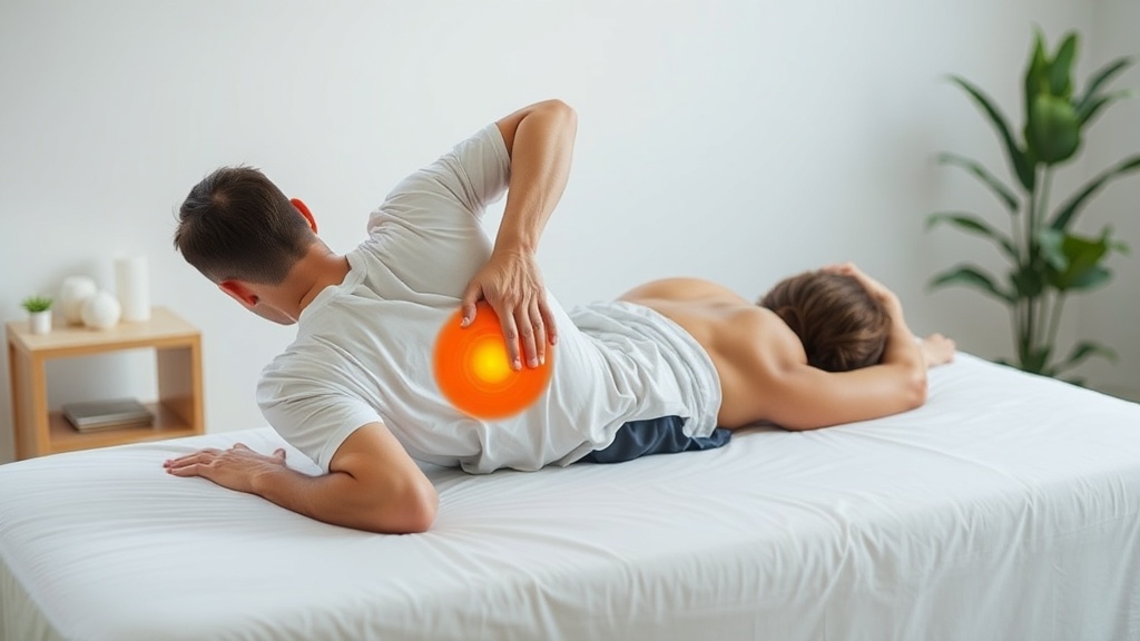 침대에 누워 허리 부위의 불편함을 느끼며 척추 정렬 상태를 점검하는 사람의 모습